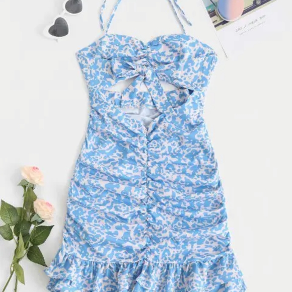 NWT Ruffles Abstract Print Cut Out Ruched Halter Dress - Light Blue (L) - Picture 2 of 8